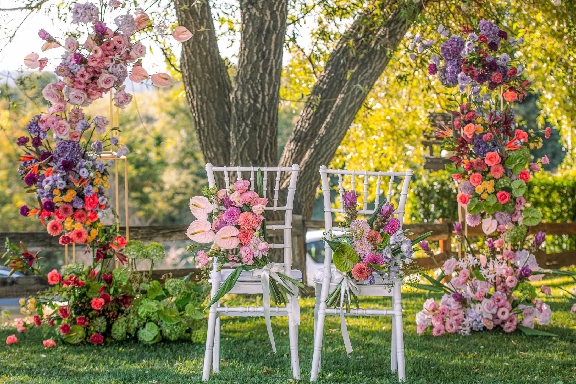 Allestimento floreale per cerimonia con sedie decorate e strutture fiorite all’aperto